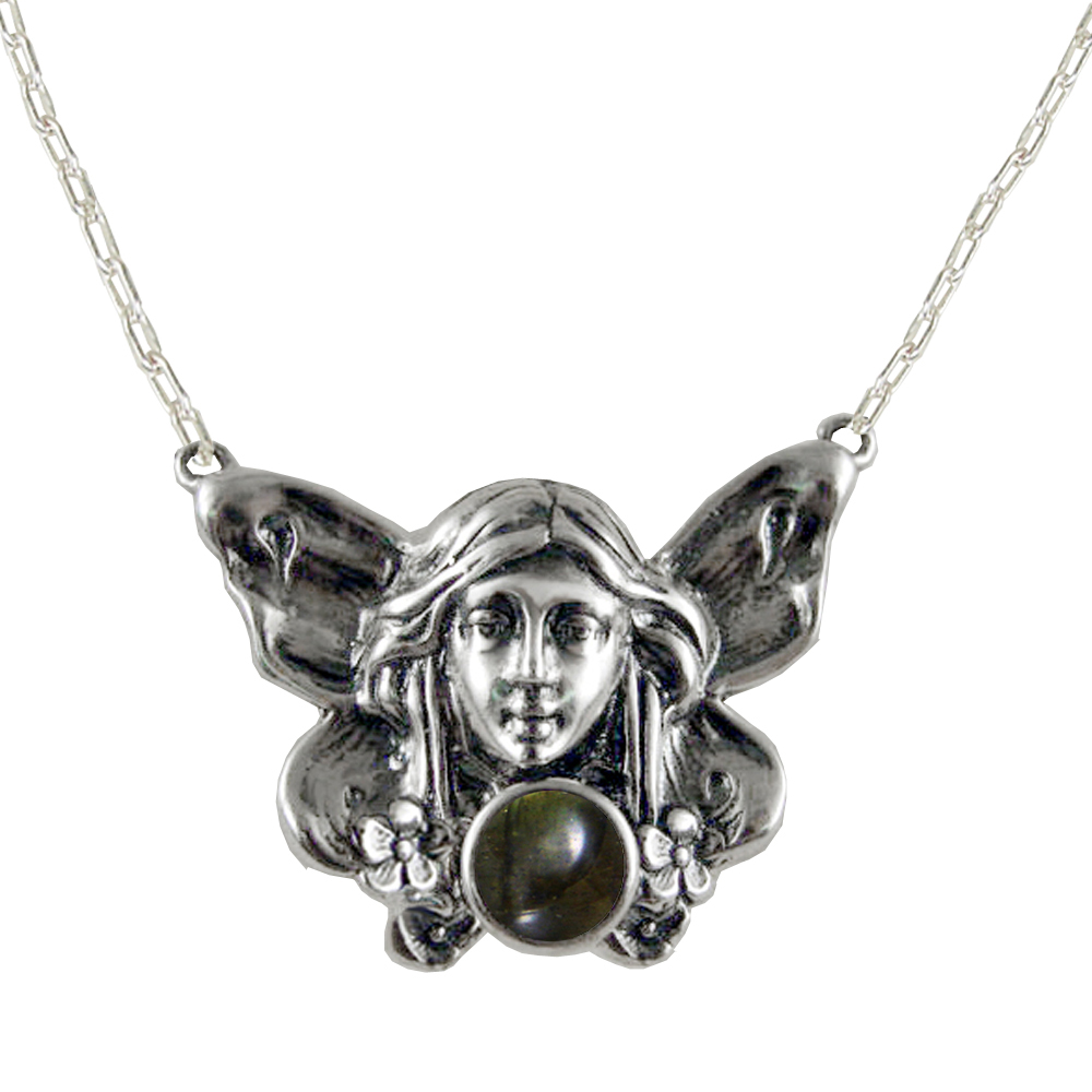 Sterling Silver Winged Fairy Aromatherapy Pendant Necklace With Spectrolite